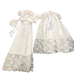 VTG Infant Christening Baptism 4 PC Dress Cape Cardigan Bonnet Ivory W/Lace OS